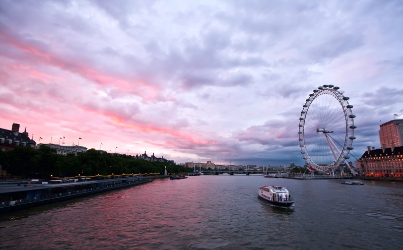 Thames, Ferris Wheel, England, 4K, building, the sky, UK, Great Britain, architecture, promenade, London, river, capital, London Eye, the evening, clouds
