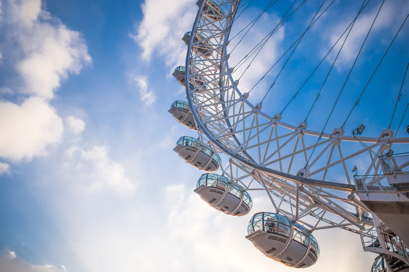 outdoors, shape, geometric shape, sky, london eye, architecture, global communications, blue sky, giant wheel, clouds, low angle view, london, traveling carnival