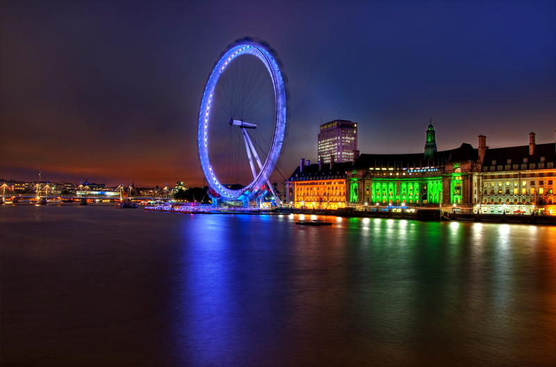 Ferris Wheel, Thames, the evening, England, 4K, river, lights, capital, architecture, Great Britain, backlight, London, building, UK, London Eye