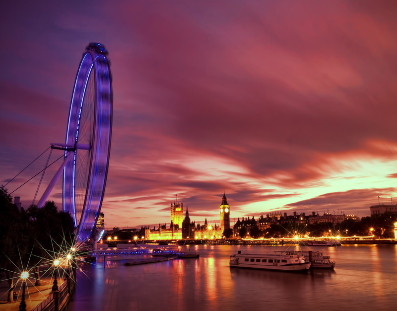 backlight, architecture, London, capital, London Eye, promenade, Great Britain, Thames, 2K, England, lights, Ferris Wheel, river, the evening, UK