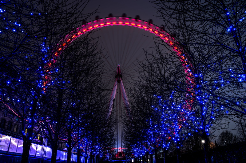 europe, bare tree, sky, person, uk, summer, holidays, view, decoration, river, united, motion, ferris wheel, thames, love, no people, dusk, wheel, great