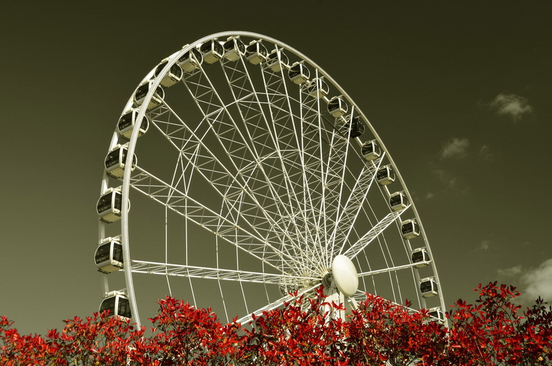 cloud - sky, no people, circle, flower, construction, England, amusement park ride, urban, united kingdom, outdoors, City, fun, color, ferris wheel, 1080P