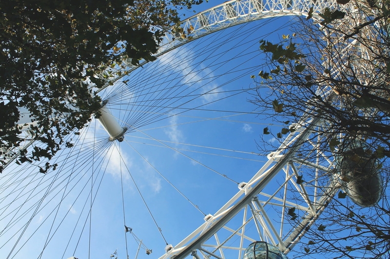 gondola, nature, city, ferris, low angle view, wheel, plant, day, photography, cloud - sky, blue, white, tree, ferris wheel, no people, london eye, arts culture and entertainment