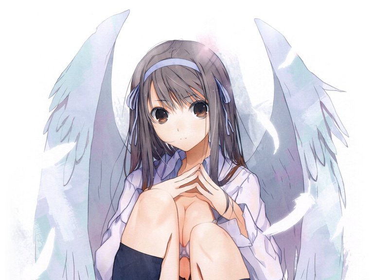 girl - angel, haruaki fuyuno, big eyes, 2K, white wings, bezel, feathers, bangs, angel, knees