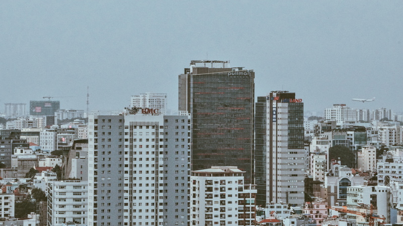 residential district, apartment, industry, nature, high, blue, environment, rise, 5K, airline, built structure, view, cityscape, infrastructure, flight