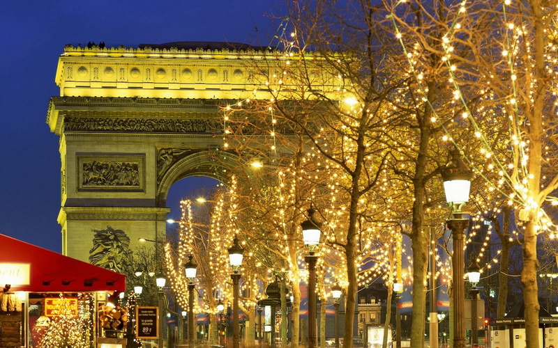 street Light, city, winter, built Structure, night, 1080P, triumph, christmas, paris - France, famous Place, celebration, urban Scene, architecture, arch