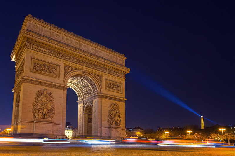 monument, travel destinations, built structure, mode of transportation, ray, paris, architecture, mood, arch, the past, speed, no people, light, transportation