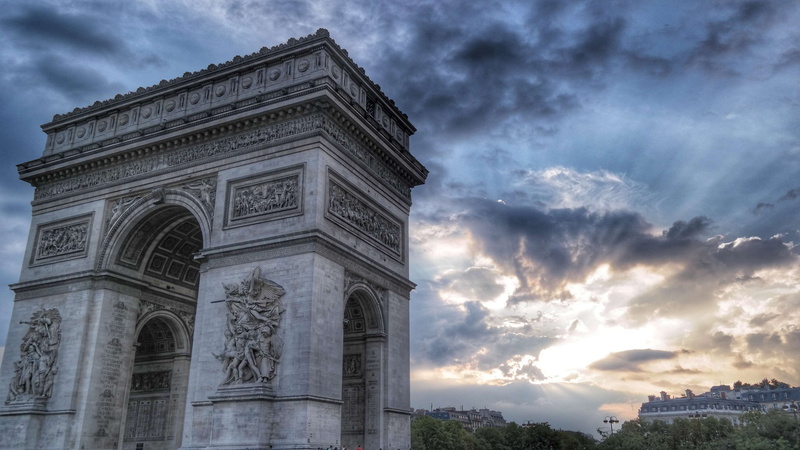 clouds, travel, art, memorial, the past, paris, history, low angle view, built structure, monument, triumphal arch, building, arc de triomphe, tourism
