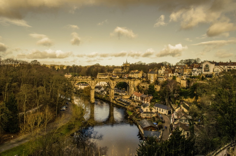 scenic, viaduct, outdoor, connection, forest, tree, architecture, urban, 1080P, houses, river, water, England, buildings, transportation, yorkshire, view