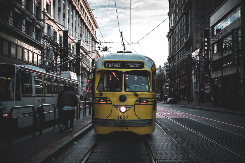 transportation, day, public transportation, building exterior, dark, city, outdoors, railroad track, train, san fransisco, city street, 5K, land vehicle