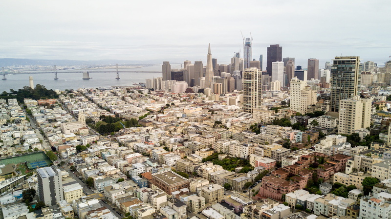city, drone, united states, skyscraper, tower, no people, building exterior, settlement, built structure, urban skyline, financial district, san francisco