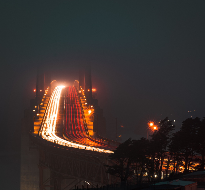 light trail, travel destinations, 4K, connection, built structure, night, outdoors, night time, tree, light, nature, sky, bridge - man made structure