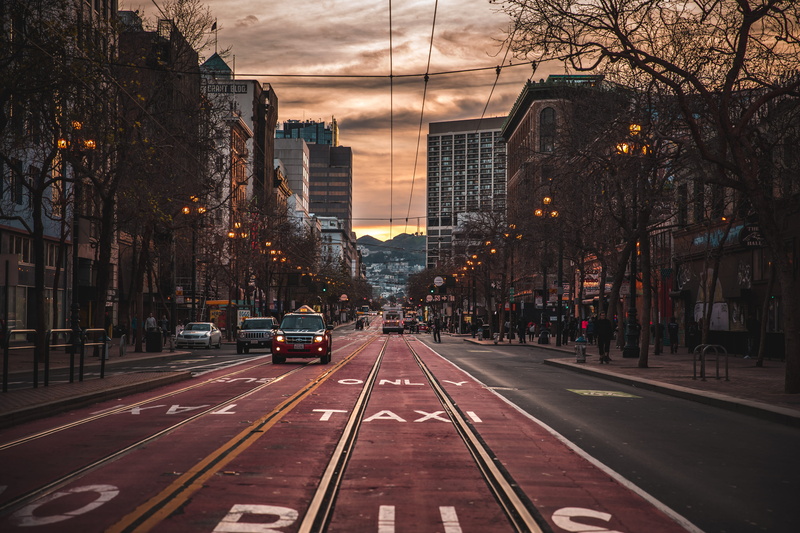 tree, mode of transportation, direction, fall, san fran, architecture, outdoors, building exterior, 5K, sunset, sf, transportation, road, light, trees