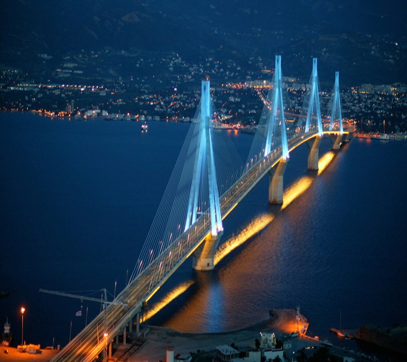 greece rio antirio bridge, city, no people, bridge - man made structure, bridge, suspension bridge, 720P, cityscape, illuminated, outdoors, night, mode of transportation