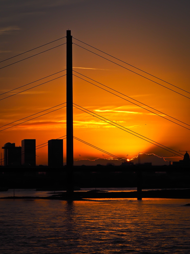 skyline, no people, suspension bridge, rheinbrücke, romantic sky, 4K, nature, abendstimmung, silhouette, water, cityscape, outdoors, electricity, düsseldorf