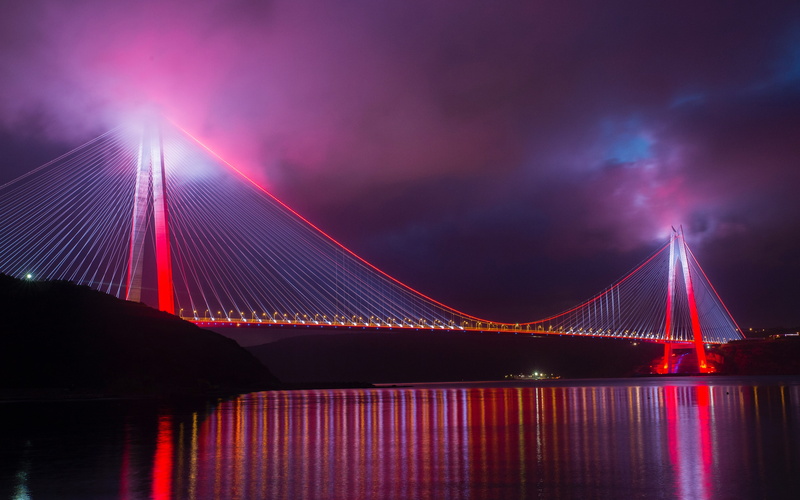 bridge - man made structure, istanbul, illuminated, engineering, water, turkey, bridge, transportation, 4K, City, night, cable-stayed bridge, travel destinations