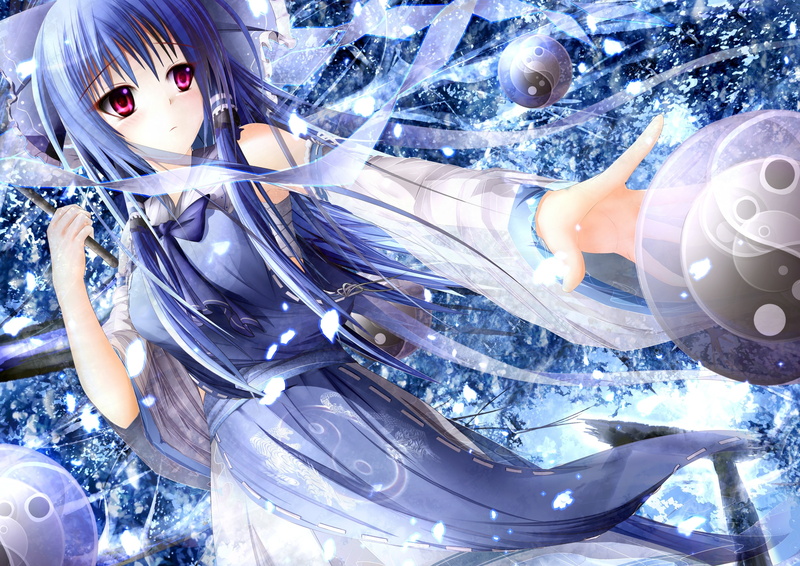 2K, sleeves, play, yang, hakurei, hair, ying, anime, girls, reimu, red, blue, Blue hair, detached, dress, Touhou, art, eyes, hd