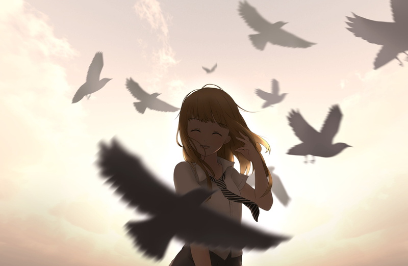 smile, form, 1080P, the sky, girl, schoolgirl, ying yue, clouds, anime, sunset, art, birds