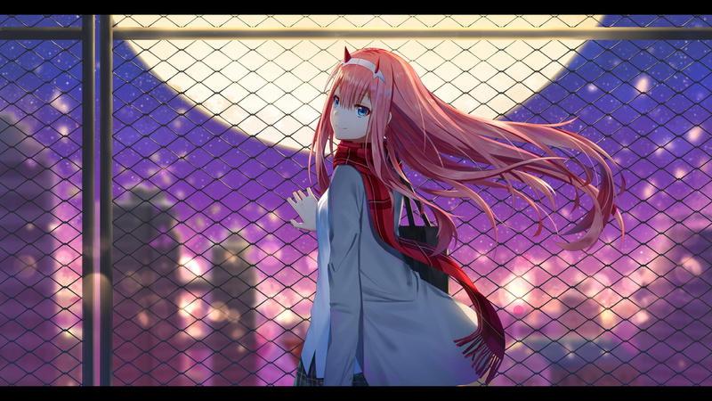 rooftop, horns, eyes, 1080P, moon, scarf, pink, long, dao, com, skirt, hair, aqua, konachan, two, the, zero, headband, 260562