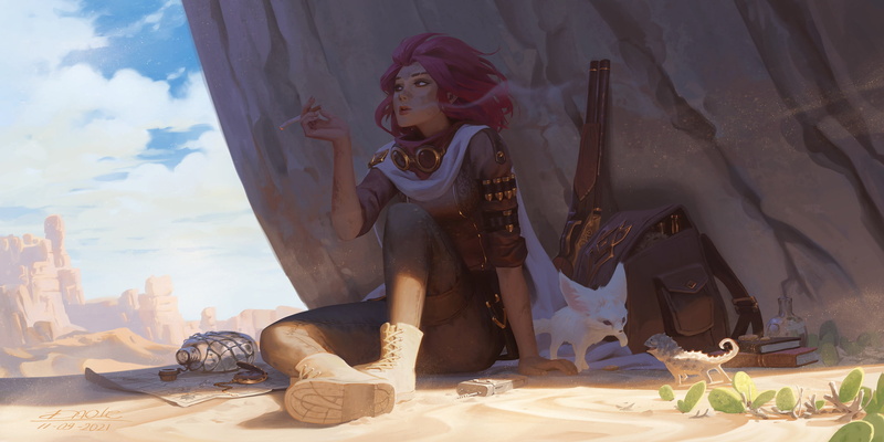 digital art, lizards, goggles, smoking, Dao Trong Le, cigarettes, fox, rifles, desert, cactus, 1080P, gun, redhead, canteens