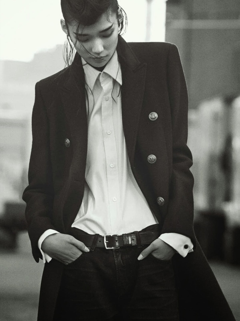 real people, actress, looking down, Tao Okamoto, focus on foreground, jeans, one person, fashion, business person, clothing, men, young adult, coats, monochrome