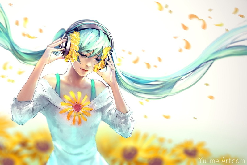 twintails, flowers, yan, miku, wenqing, aqua, hair, vocaloid, headphones, hatsune, long, 720P, sunflower