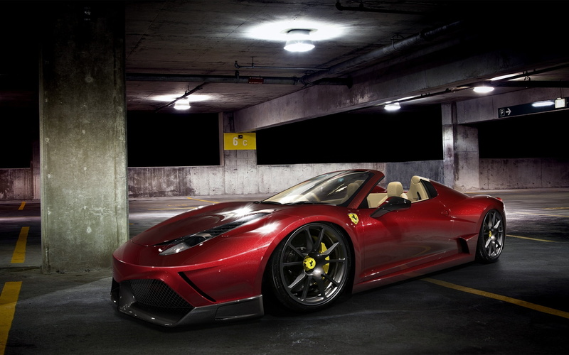 machine, Parking, sports car, land vehicle, night, 458, parking lot, city, wealth, red, convertible, Spider, garage, illuminated, architectural column