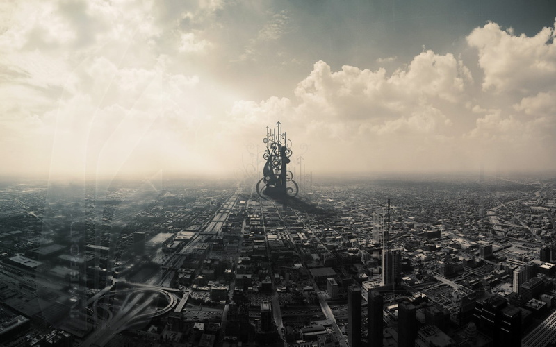 digital, high angle view, sky, cloud - sky, skyscraper, tower, office building exterior, crowd, 720P, clouds, building, built structure, nature, digital art