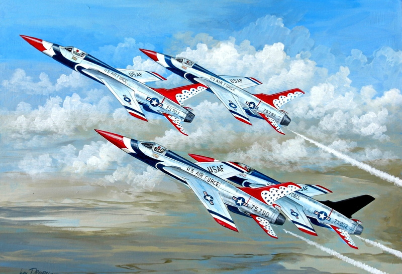 airplane, transportation, arrangement, 1080P, F-105, aerobatics, formation flying, aircraft, the sky, airshow, army, air vehicle, plane, no people, motion