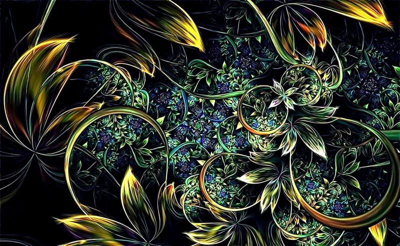 curves, fractal picture, leaves, abstraction, fancy pattern, flowers, stems, 1080P, bizarre plants, picture, screensaver on your desktop, rendering, background