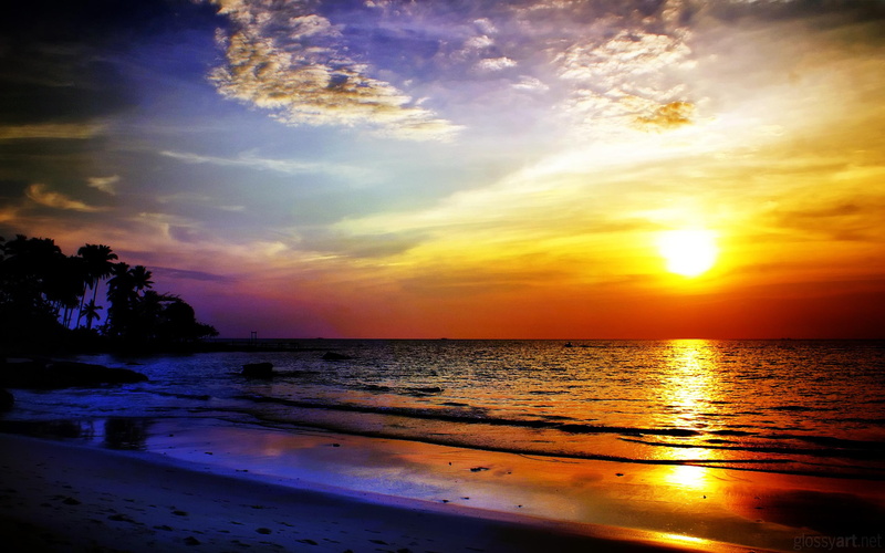 2K, sunset, beach, colors, shore, fading, nature and landscapes, clouds