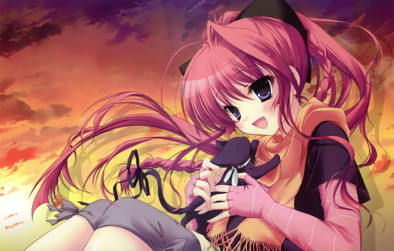 sana, izumi, 1080P, animal, inui, tsubasu, cat, fang, mashiroiro, hair, red, sky, symphony