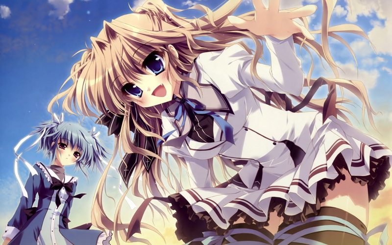 2K, ribbons, tsubasu, blonde, eyes, uryu, airi, izumi, long, sky, hair, blue, red, sakuno, sena, thighhighs, mashiroiro, symphony, short