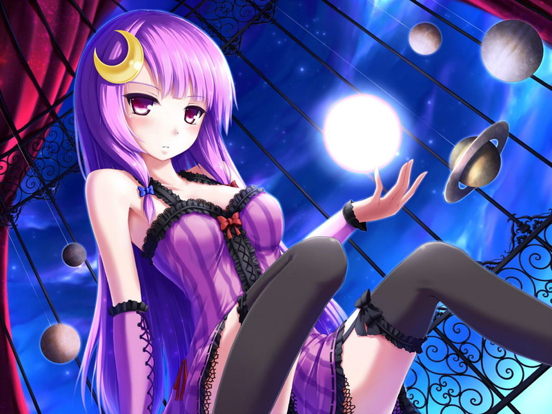 patchouli, planet, garter, hair, 720P, blush, dress, bow, long, purple, eyes, knowledge