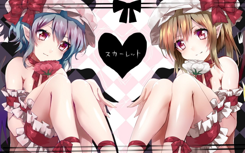 garter, red, bow, hair, pointed, heart, eyes, touhou, short, scarlet, blonde, flowers, hat, hijiri ssh, flandre, blue, girls, ears, remilia, 720P, ribbons