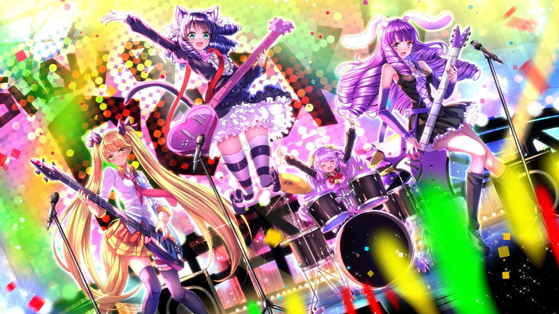 dress, glasses, blue, tail, twintails, drums, seifuku, garter, blush, pink, instrument, hair, group, 1080P, eyes, tie, swordsouls, skirt, guitar, long