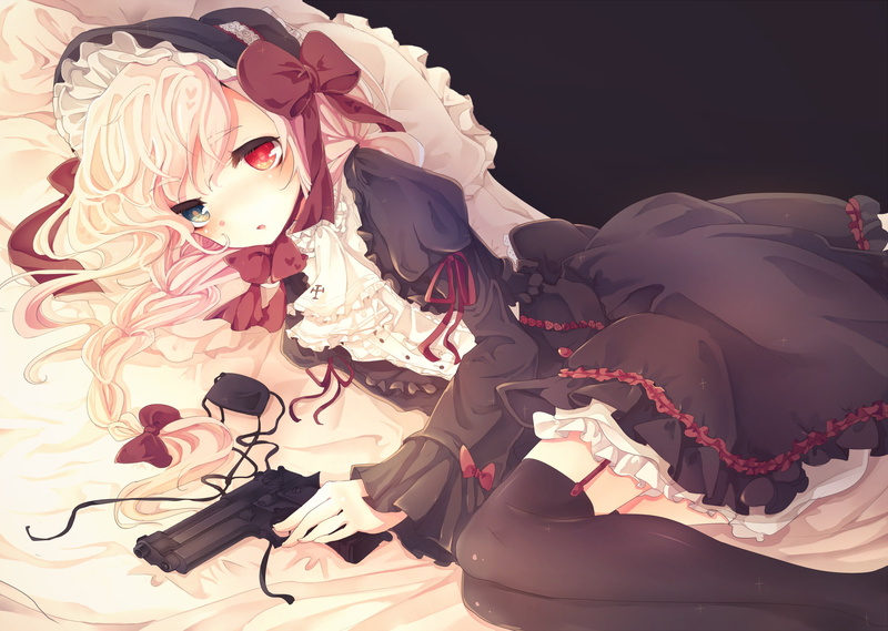 hair, blonde, lolita, thighhighs, original, eyes, weapon, long, fashion, 1080P, bicolored, sub poem, garter, gun