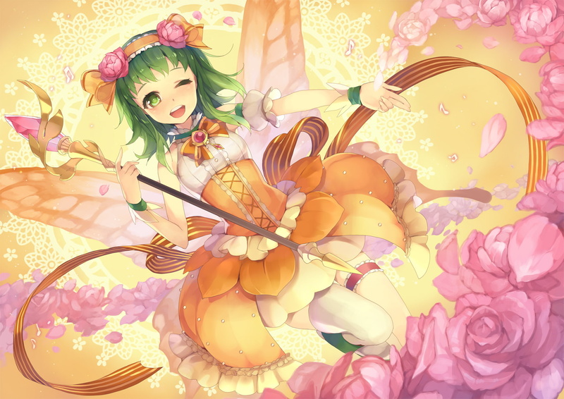 thighhighs, hair, flowers, wink, wings, green, btoor, gumi, vocaloid, petals, 720P, staff, eyes, garter