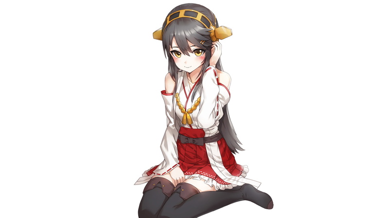 Haruna (Kancolle), 1080P, Kantai Collection, Girl, Brown Hair, Smile, Thigh Boots, Long Hair, Skirt, Anime, Yellow Eyes