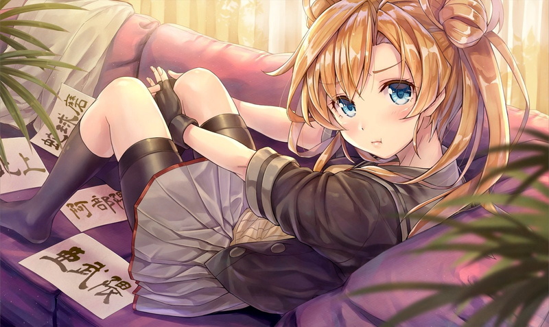 kantai, paper, shorts, long, abukuma, collection, bike, 720P, couch, kneehighs, aqua, orange, seifuku, hair, gloves, skirt, eyes, blush, (kancolle)