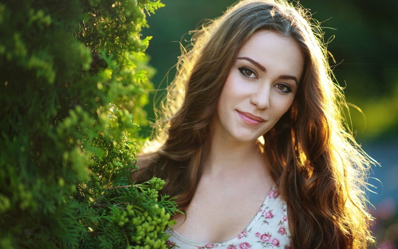 Maxim Maximov, face, model, Maxim Maksimov, brunette, trees, beautiful woman, smiling, front view, happiness, beauty, outdoors, looking at viewer, nature