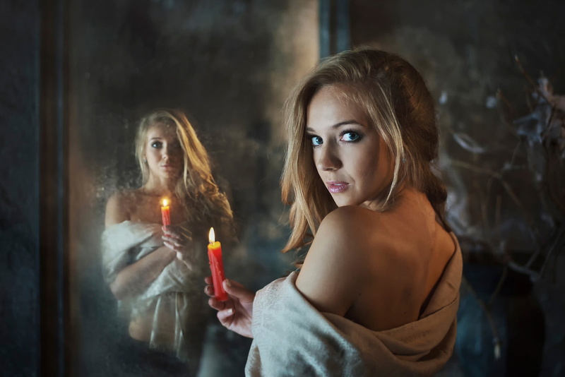 looking at viewer, fire, candle, young women, dark, standing, one person, young adult, candles, 1080P, blue eyes, long hair, women, teenager, flame, bare shoulders