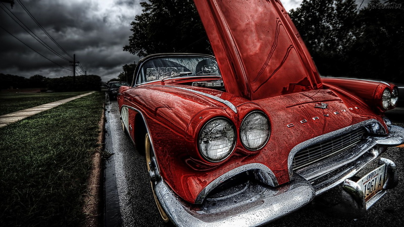 1080P, red, reflection, motor vehicle, outdoors, day, stationary, Corvette, land vehicle, no people, cloud - sky, black, retro styled, plant, headlight