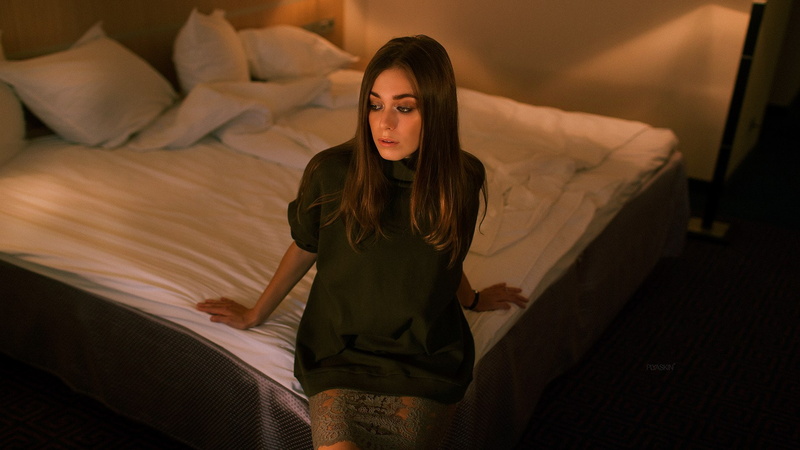 model, black clothing, 720P, sitting, Vitaly Plyaskin, bed, long hair, brunette, women