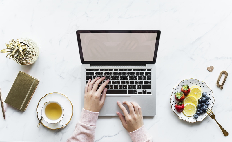 keyboard, furniture, flatlay, directly above, feminine, portable information device, one person, refreshment, home, adult, aerial, drink, blog, laptop