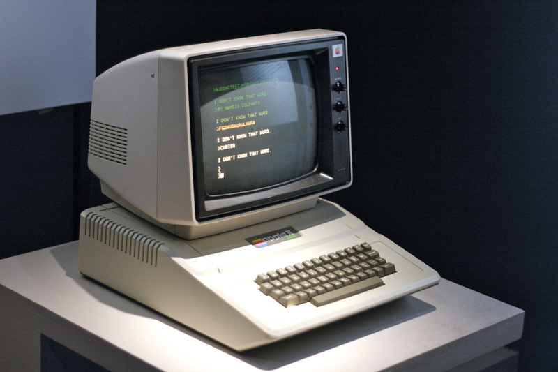 1977, computer equipment, communication, technology, 4K, Apple, black background, indoors, no people, liquid-crystal display, corporate business, computer