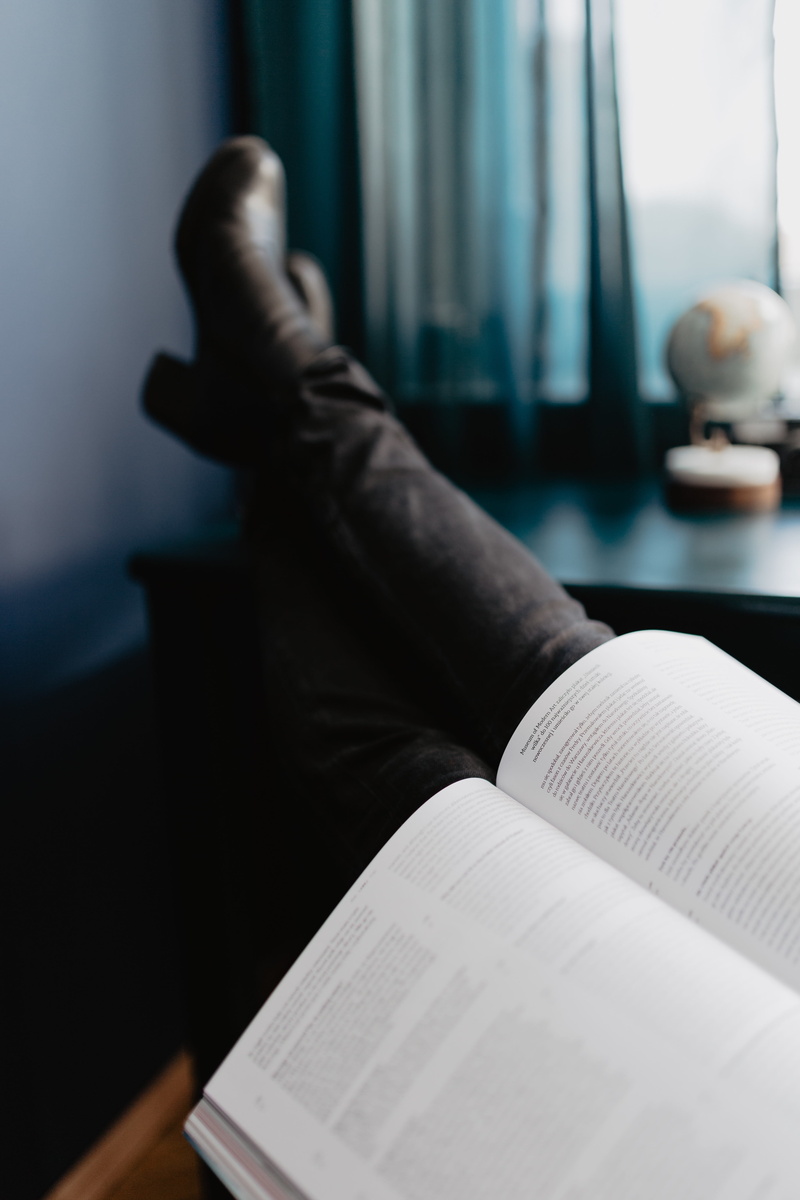 black, study, body part, unrecognizable person, book, studying, pause, one person, bed, indoors, shoes, low section, break, paper, home interior, human foot
