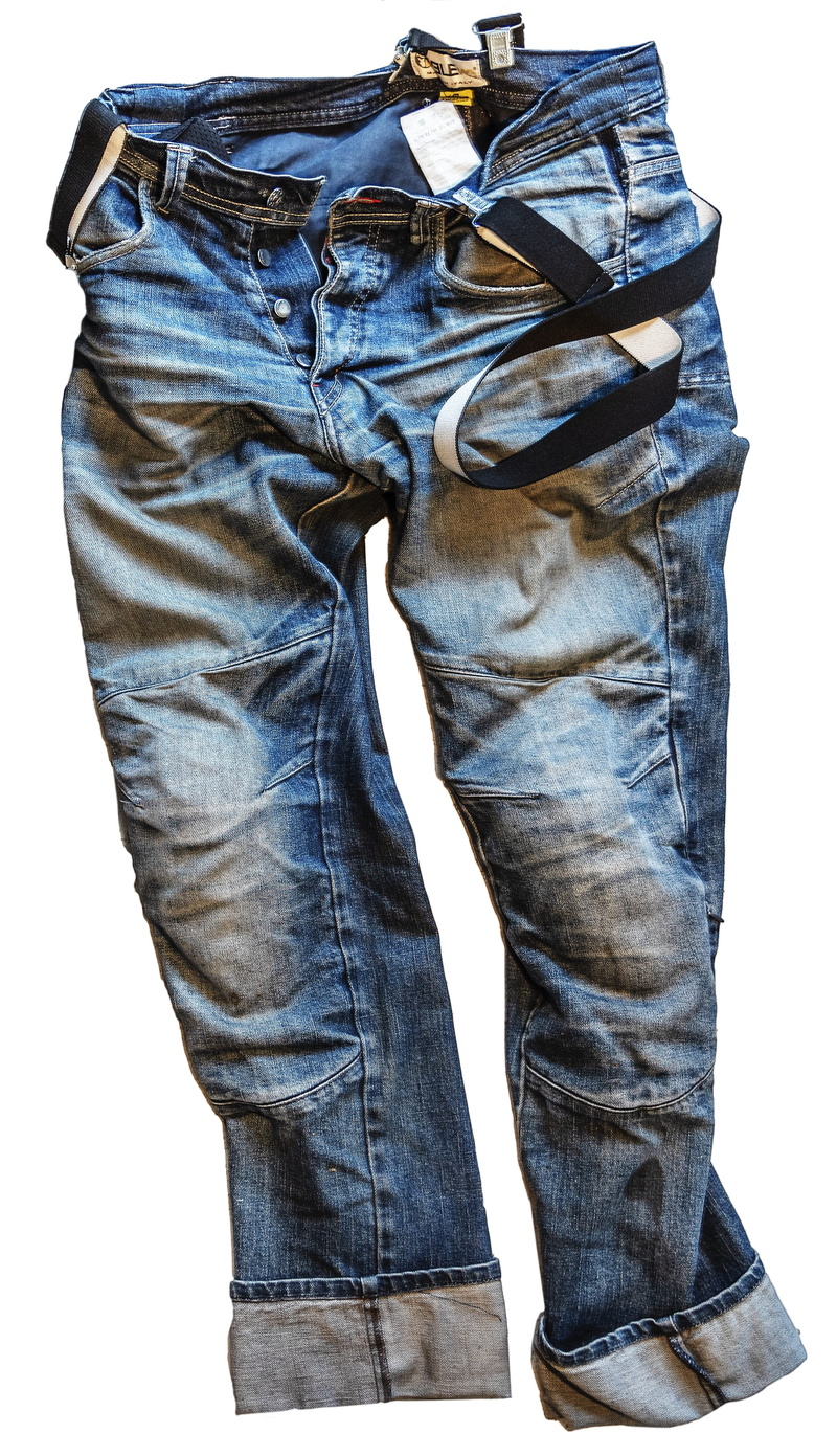 jeans, standing, one person, leather, clothing, pocket, biker, men, shoe, blue, 2K, white background, denim, indoors, cut out, pants, close-up, biker trousers