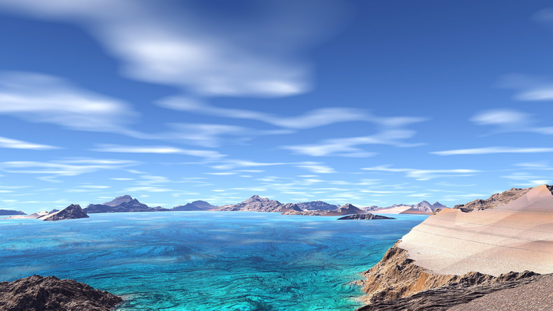 tranquility, computer grapics, ocean, day, sky, water, beach, 4K, horizon, travel, cape, mountain range, ice, land, 3d, nature, cloud - sky, promontory