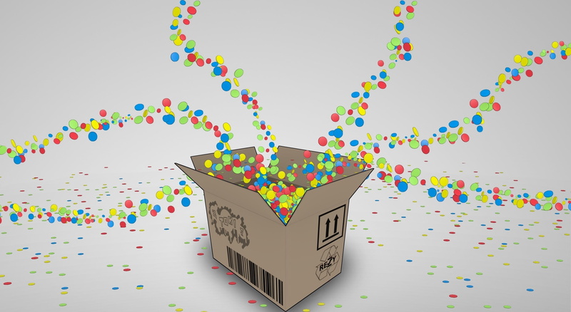 celebration, box - Container, streamer, white background, anniversary, communication, party - social event, indoors, multi Colored, happiness, candy, brown